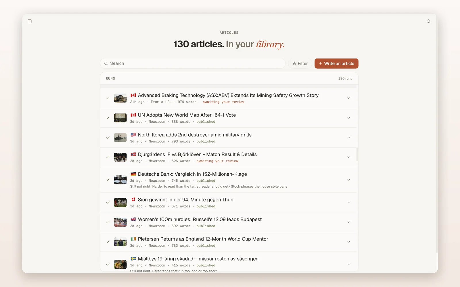The Mastheads library: runs across several countries, each showing word count and whether it is published or waiting for review
