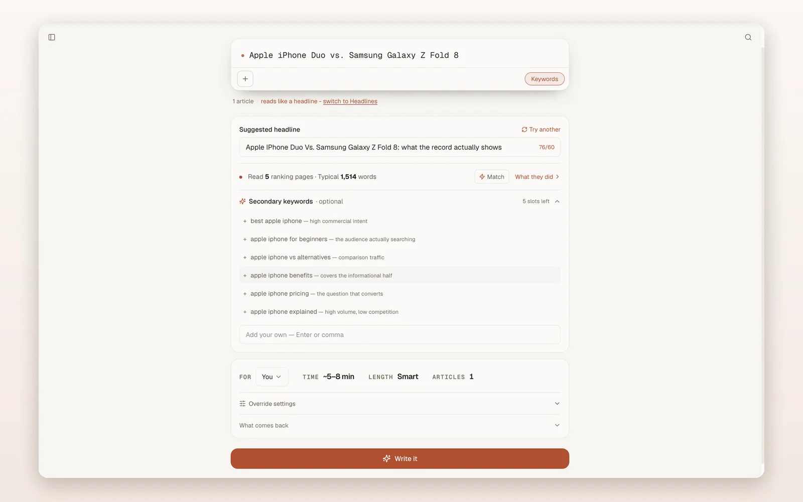 The Mastheads brief screen: a suggested headline with its character count, five ranking pages already read, and secondary keywords labelled by intent